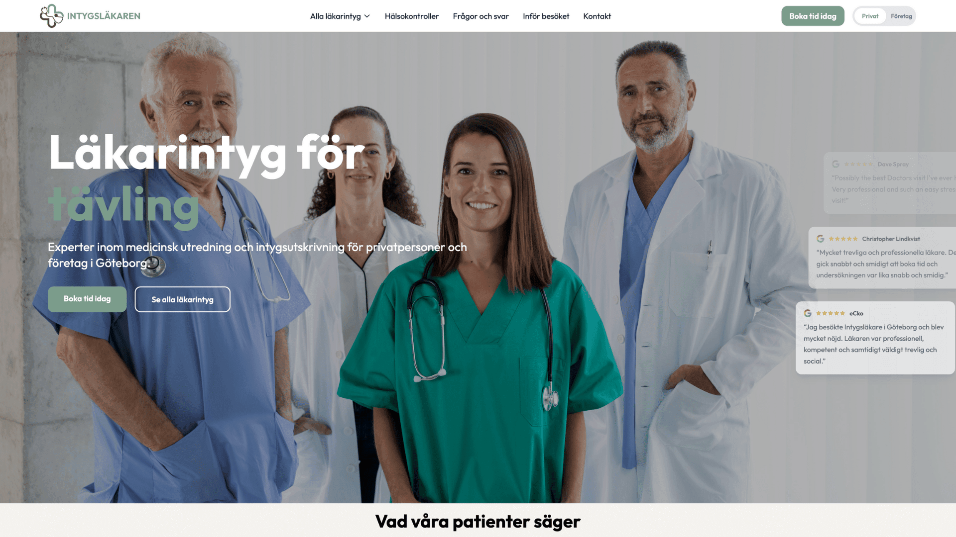 Intygsläkaren healthcare website showing modern design with booking system integration