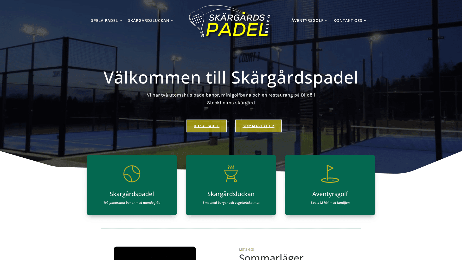 Skärgårdspadel sports facility website with court booking system and facility information