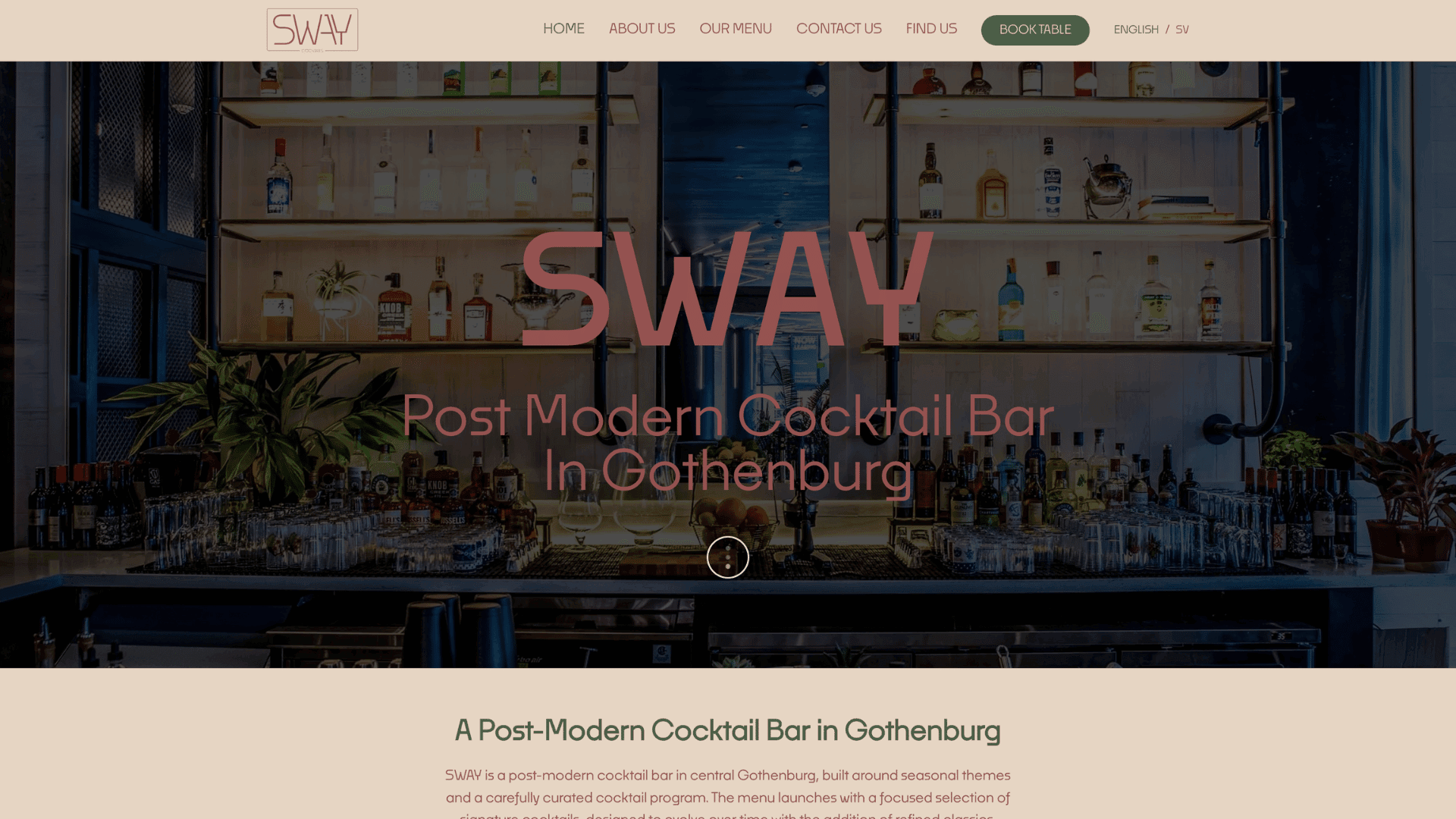 Sway cocktail bar website featuring elegant design with menu and event information